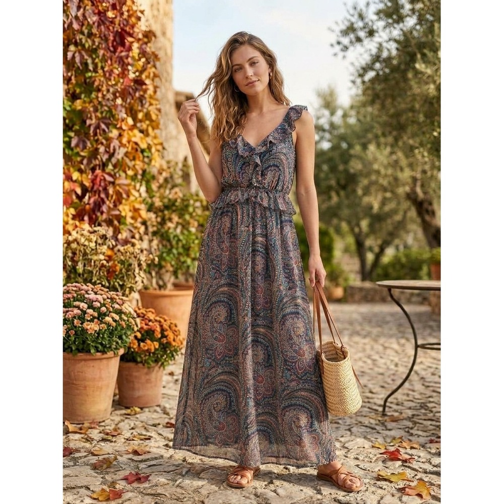 Boden Paisley Ruffle Maxi Dress Navy Blue Multi Viscose Sleeveless Size 6R
